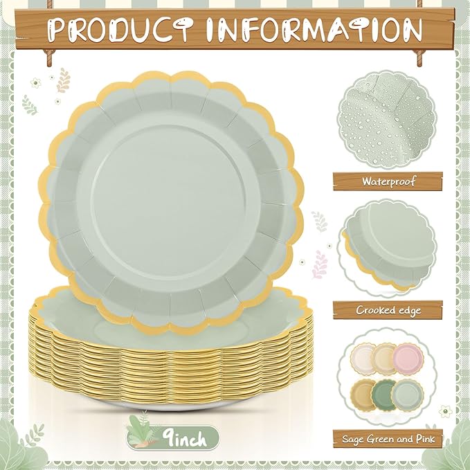 48 Pcs Sage and Pink Paper Plates 9 Inch Gradient Scalloped Paper Disposable Dinner Dessert Plates for Birthday Wedding Bridal Party Supplies, 6 Colors