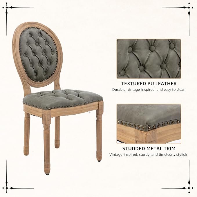 Vintage French Dining Chairs Set of 2, Round Back PU Leather Upholstered Side Chairs with Nailhead Trim and Solid Wood Frame, Sillas de Comedor for Dining Room & Kitchen, Olive Green