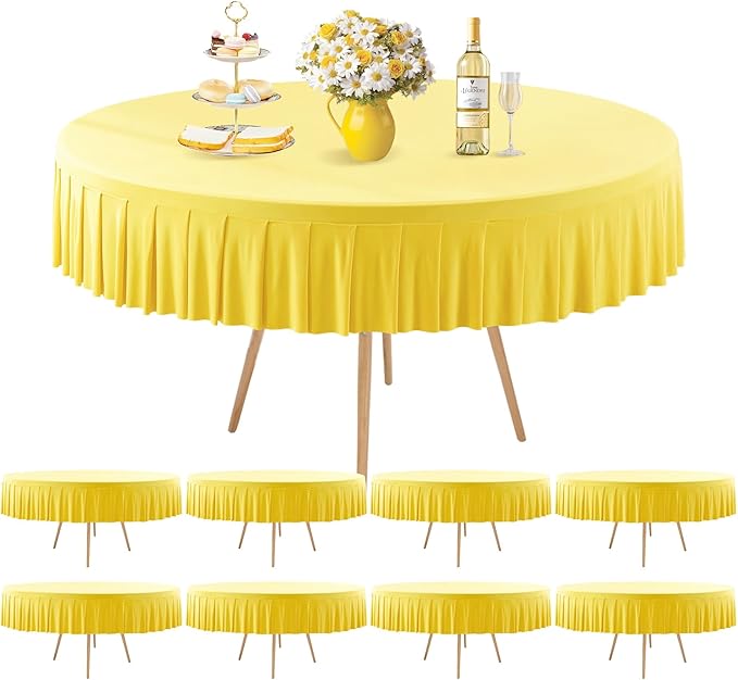 8 Pack Yellow Spandex Round Tablecloths for 60 inch Table, Stretchy Fitted 5FT Round Table Cloths with Skirt for Wedding Party Dining Banquet