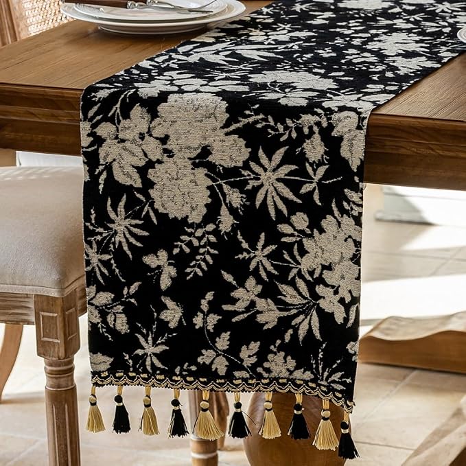 Floral Jacquard Dining Table Runner Black 13 x 82 Inch | Jacquard Flower - Image 2