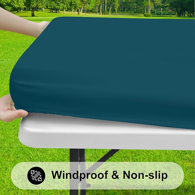 Smiry Rectangle Tablecloth, Elastic Fitted Flannel Backed Vinyl Tablecloths for 6ft Folding Tables, Waterproof Wipeable Table Covers for Indoor, Outdoor, Camping and Picnic (Peacock Blue, 30"x72")