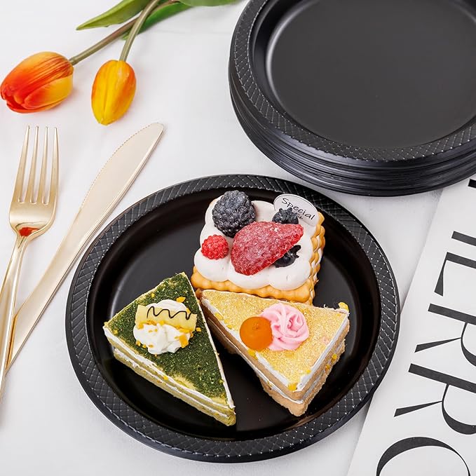 WELLIFE 7 Inch Black Dessert Plates 150 Count, Disposable Plastic Dessert Plates for Party Cake Appetizers Salad Picnic BBQ Easter