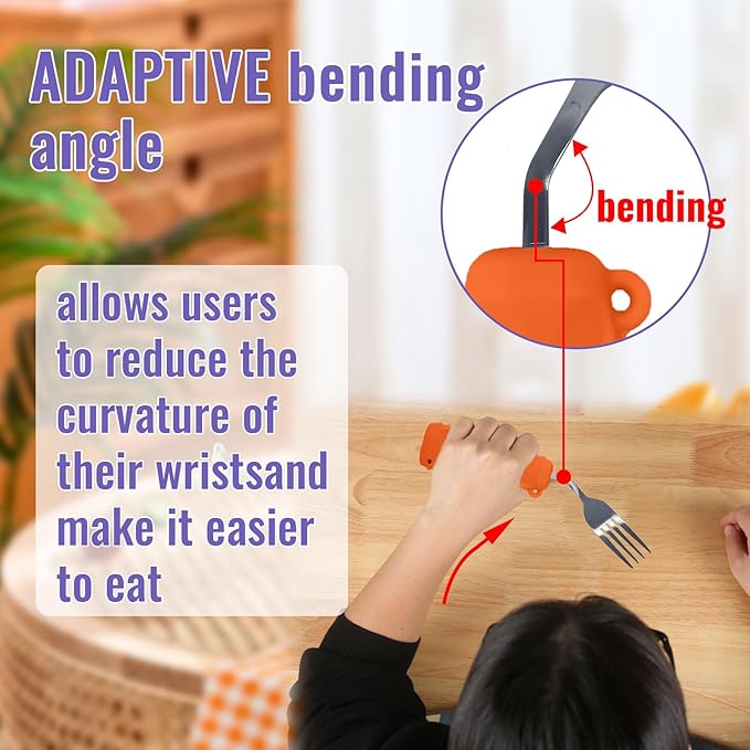 Adaptive Weighted Silverware Utensils Angled Fork for Hand Tremors Parkinsons,Weighted Utensils with Non-Slip Easy Grip Handles for Independent Eating(Left Hand,Orange,Pack of 1)