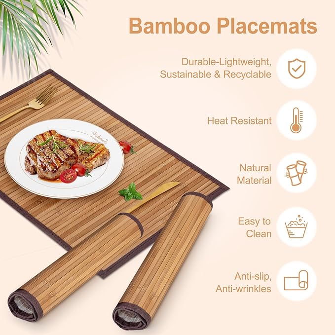 Bamboo Placemats with Fabric Border Set of 4 Natural Bamboo Rectangular Rolling Table Mats for Dining Kitchen Table Heat Resistant Table Protection Light Brown