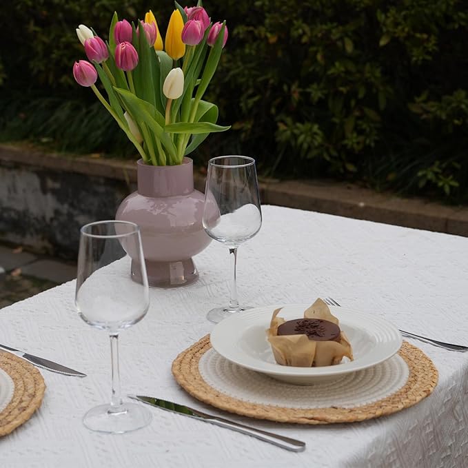 ANDSTAR Round Woven Placemats Set of 4, 12"x12", Natural Wicker Placemats, Water Hyacinth Straw Braided Placemats,Boho Place Mats for Farmhouse, Rustic Table (Water Hyacinth + White Cotton Rope)