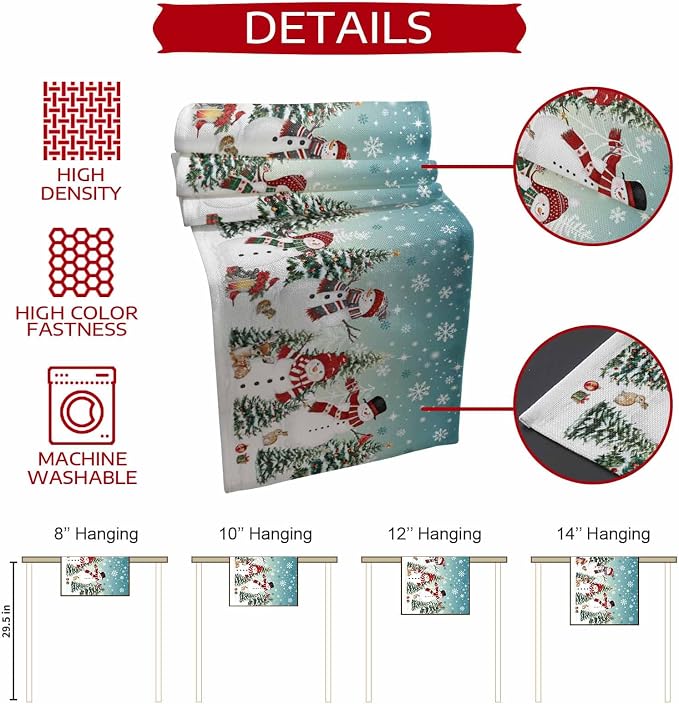 Teal Christmas Snowman Table Runner 70 Inches Long, Xmas Trees Snowflake Table - Image 7