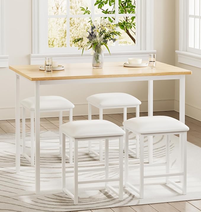 VECELO Kitchen Table and Chairs for 4, Dining Room Set with PU Chairs/Stools, Heavy-Duty Metal Frame, Wooden Tabletop, Space-Saving Design for Small Spaces, Easy Assembly, Oak
