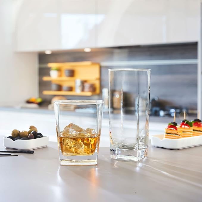 Le'raze Everyday Drinking Glasses Set of 8 Drinkware Kitchen Glasses for Cocktail, Iced Coffee, Beer, Ice Tea, Wine, Whiskey, Water, 4 Tall Highball Glass Cups & 4 Short Old Fashioned.