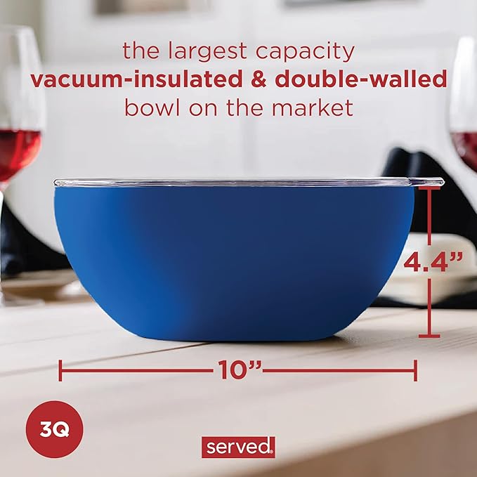 served Large Insulated Serving Bowl with Lid (100oz/3QT) - Double-Walled Stainless Steel Bowl for Hot & Cold Food - Vacuum Insulated, Spill-Resistant Thermal Bowl for Parties, Casseroles, Tailgates