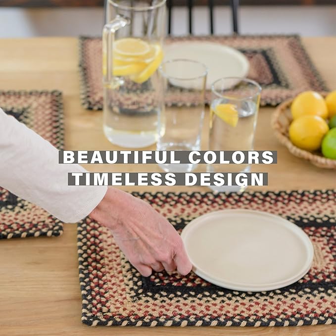 Homespice Primitive Star Gloucester Jute Braided Table Runner, Warm Primitive Decor, Set of 2, Black and Red Oval 8x28 - Rich Colors, Easy to Clean, Durable and Protects Furniture