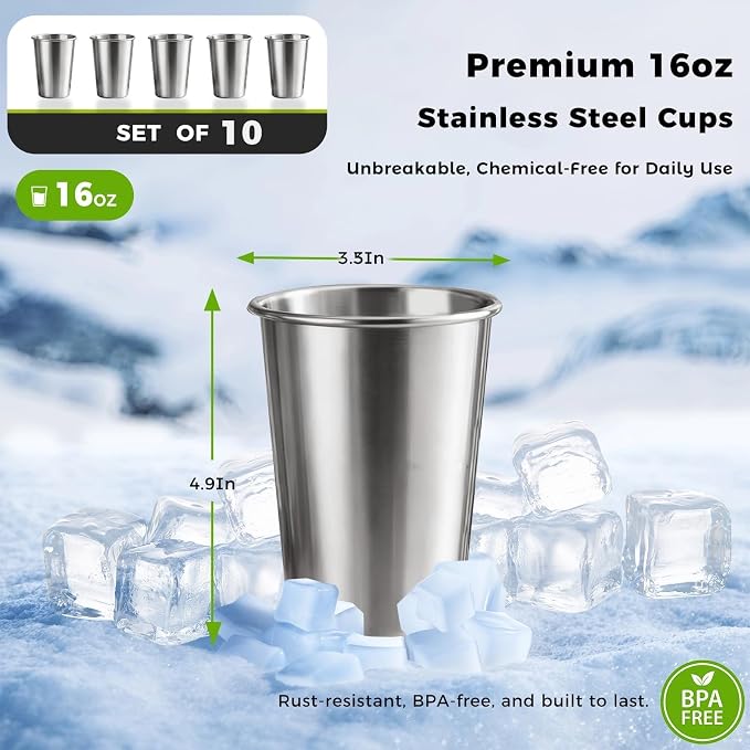 10 Pack 16 oz 304 Stainless Steel Pint Cups, Shatter-Resistant | Food-Grade 304 - Image 3
