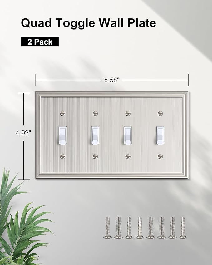2-Pack Quad Toggle Light Switch Cover Plate, Durable Zinc Alloy Decorative Switch Plate Covers, Brushed Nickel 4 Gang Wall Plate for Toggle Light Switch and Rotary Dimmer Switch