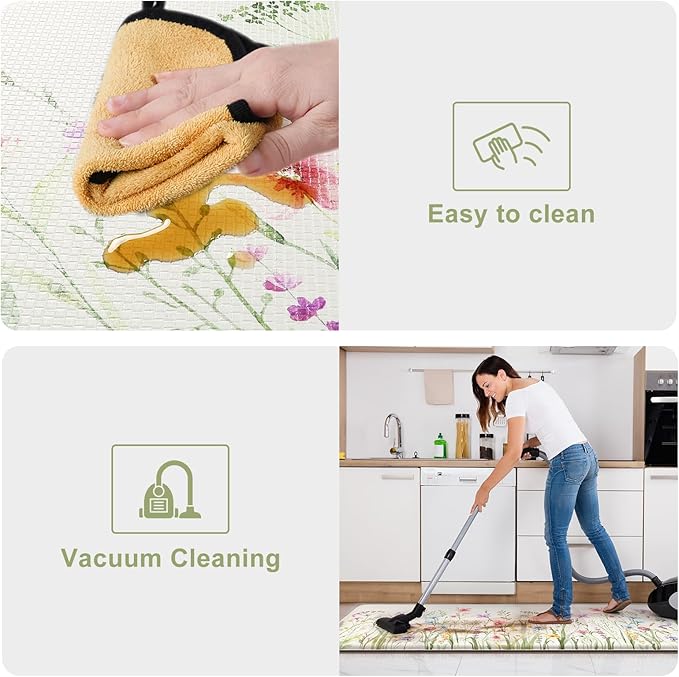 KIMODE Anti Fatigue Kitchen Mat 17.3"x29", Boho Floral Kitchen Floor Mats Non Slip, Waterproof Kitchen Mat for Floor, Padded Comfort Standing Mat for Laundry, Office, Sink, Desk White