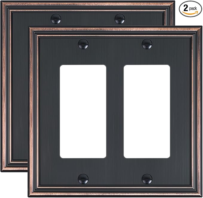2-Pack Decorative Double Decorator Outlet Cover Plate, Durable Zinc Alloy Aged Bronze Wall Plates for Electrical Outlets, Receptacle, GFCI Outlet, Dimmer Switch, 2-Gang, Corrosion Resistant