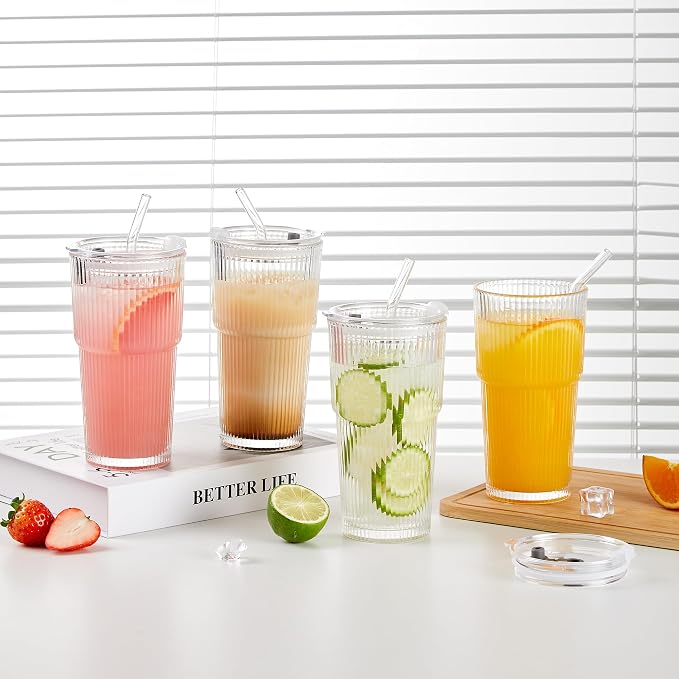 Wells 20oz Glass Cups with Lids and Straws, Ribbed Iced Coffee Cups, Thickened - Image 5