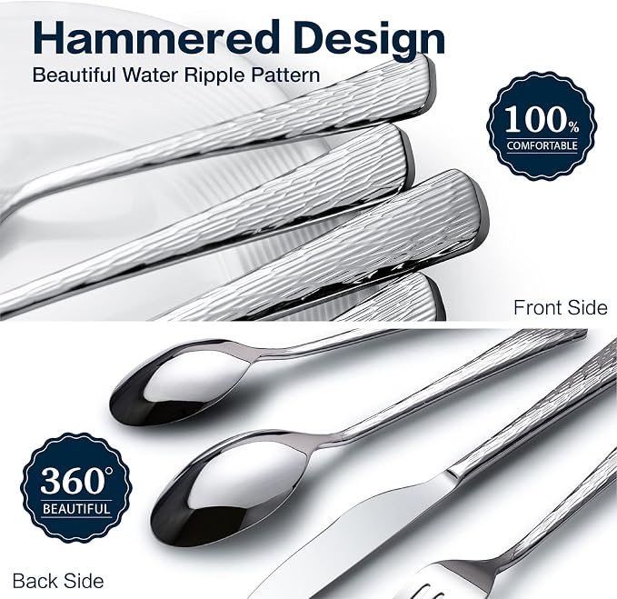 Silverware Set for 4, 20 Piece Flatware Set, 18/10 Stainless Steel | Hammered - Image 4