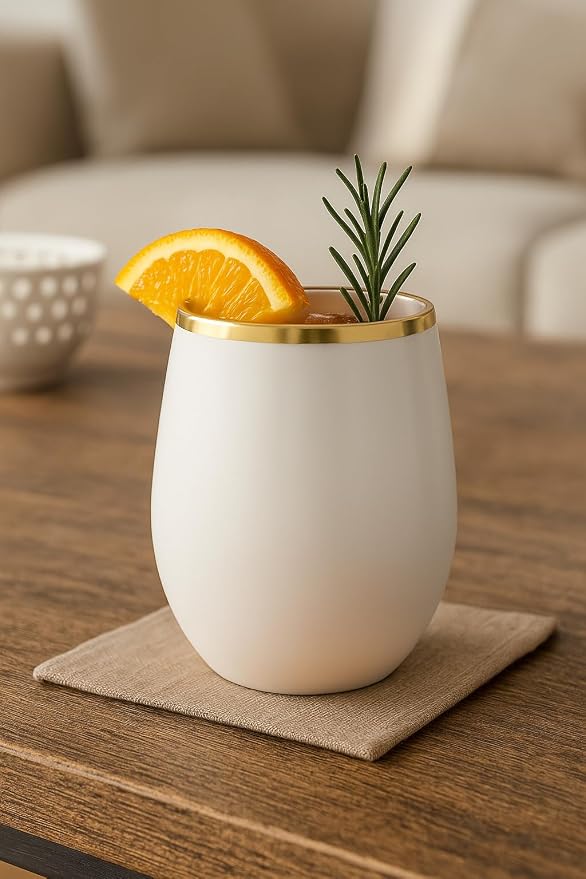 Oojami 40 Pack Disposable Plastic Wine Glasses 12 Oz Stemless Gold Rim Cups | - Image 4
