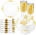 Hioasis 210pcs White and Gold Plates - White Party Plates for 30 Guest, Include 60 Heavy-duty Plates(20% Thicker Than Standard), 30 Pre Rolled Gold Plastic Silverware Set, 30 Cups