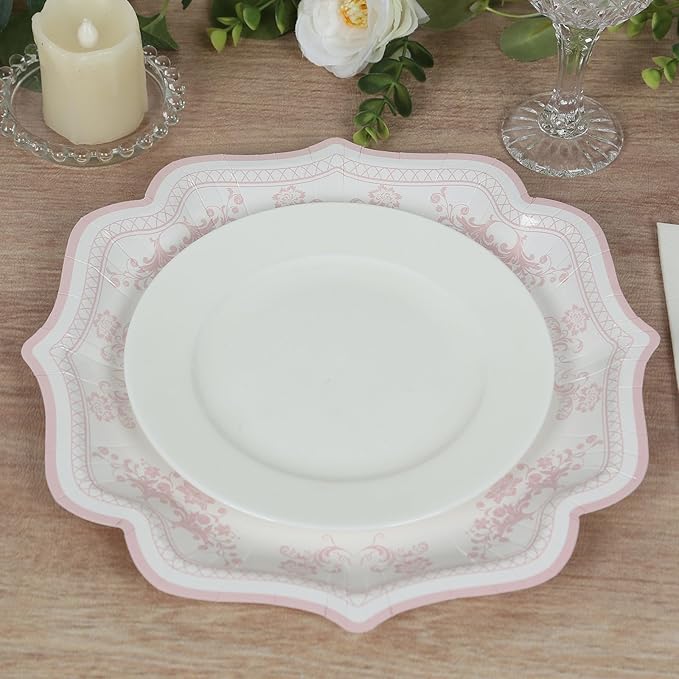 50 Pack 10" White Pink French Toile Dinner Plates, Disposable Round Paper Party Plates 300 GSM for Festive Table Decoration