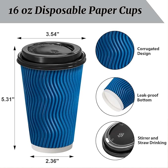 500 Pack Coffee Cups with Lids 16oz, Disposable Insulated Ripple Wall To Go Paper Coffee Cups for Hot/Cold Drinks Office Home Shop Event (Navy)