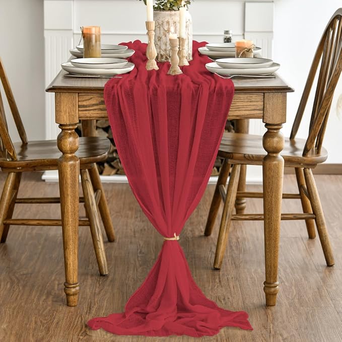 Artoid Mode Boho Cheesecloth Gauze Red Wedding Table Runner, 160 Inch Seasonal - Image 2