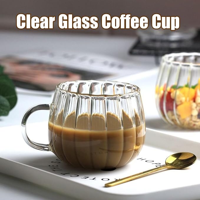 Viovian 12oz Clear Glass Coffee Mugs Set of 6 Ribbed Coffee Cups - Image 5