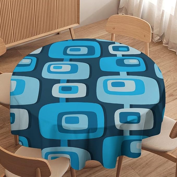 Mid Century Boho Round Tablecloth, Blue Mid Century Modern Art Abstract Geometric Pattern Retro Vintage Style Tablecloth for Home Party Dining Room Kitchen Decor 50Inch(127cm)