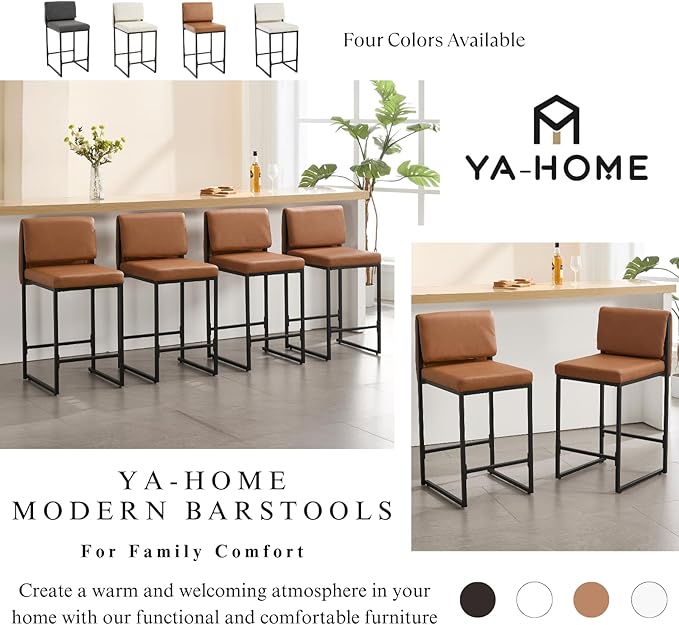 Modern Barstools Set of 4, 26” Upholstered Counter Height Bar Stools PU Leather Fabric Counter Stools with Padded Back Metal Frame for Kitchen Island Dining Room, Brown