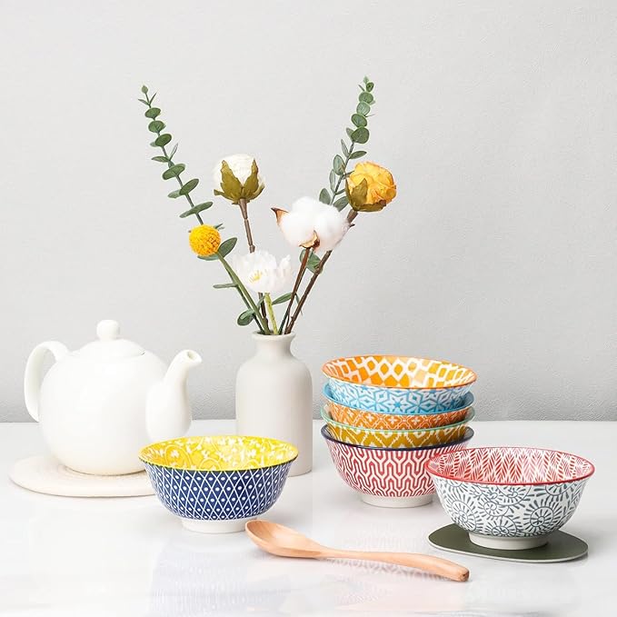 KitchenTour Ceramic Bowls Set - 10 oz Serving Bowls For Kitchen - Cereal, Ice Cream, Soup, Salad, Rice, Dessert Ceramic Bowls - Assorted Colorful Set of 6 - Microwave Dishwasher Safe - 5 Inch