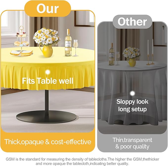 2 Pack Yellow Spandex Round Tablecloths for 72in Table, Stretchy Fitted 6FT Round Table Cloths, Wrinkle Free Table Cover with Skirt for Wedding Birthday Party Bridal Shower Banquet