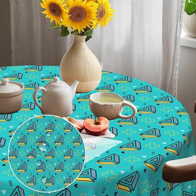 Laeacco 70 Inch Geometric Round Tablecloth Turquoise Triangle Pattern Modern Abstract Art Print Table Cloth Washable Waterproof Wrinkle Free Table Cover for Kitchen Dining Picnic Party Decoration