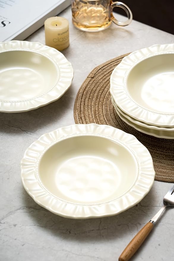 Ceramic Soup Bowls 8.6 in, Pasta Bowls & Plates, Cream color Floral-Embossed Wide Rim Shallow Bowls Set of 4, Italian Carving Design, Matte Finish Porcelain, Microwave & Dishwasher Safe