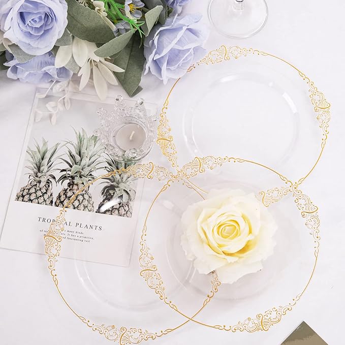 Morejoy 100pcs Gold Plastic Plates - Clear Gold Disposable Plates - 7.5 inch clear and gold dessert plates, Clear Plastic Plates with Gold Rim for Weddings & Parties & Shower