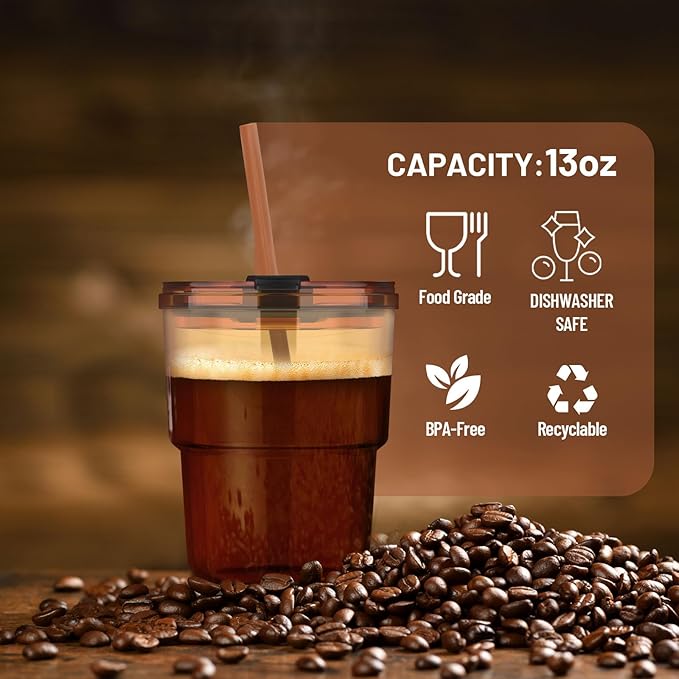 Luxfuel 13 oz Glass Cups with Lids and Straws Reusable Iced Coffee Tumbler | - Image 4