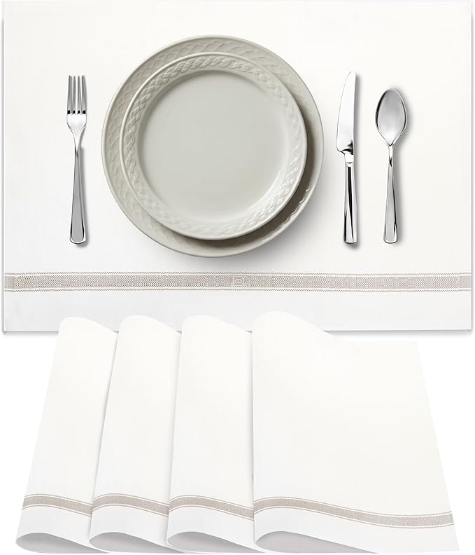 Premium Cloth Striped Placemats Set of 4 – 100% Soft Durable Jacquard Woven Cotton Table Placemats with Stain-Release Fabric – Machine Washable for Dining Table – Taupe, 20"x14"