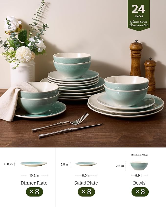 Famiware Glacier Dinnerware Sets, Plates and Bowls Dish Sets for 8 (24 Pieces), Stoneware Tableware - Dishwasher and Microwave Safe, Handcrafted Reactive Glaze, Aqua