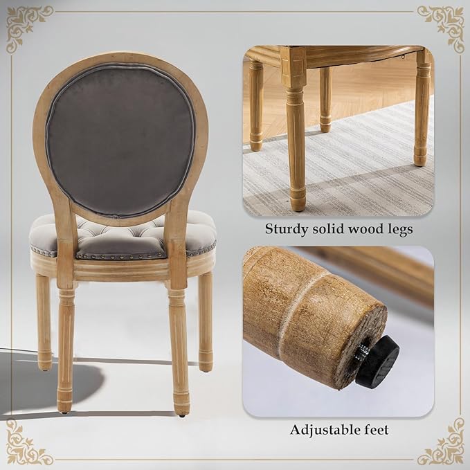 SoarFlash French Dining Chairs Set of 4, Vantage Dining Chair with Round Back, Wood Leg Farmhouse Country Velvet Dining Chair for Kitchen,Bedroom,Grey