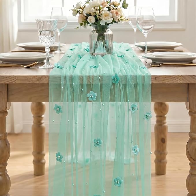 Artoid Mode Turquoise Flower Pearl Gauze Table Runner 10FT, Seasonal Sheer - Image 2