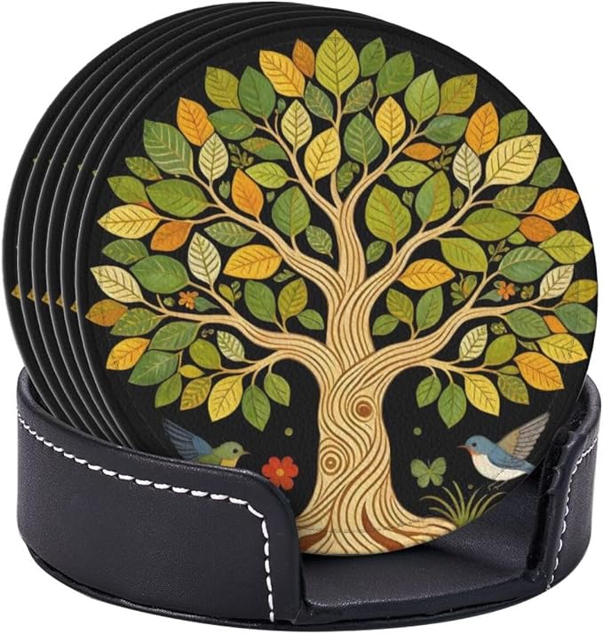 Drink Coasters with Holder Stand Set of 6, Tree of Life Vintage Pu Leather - Image 2