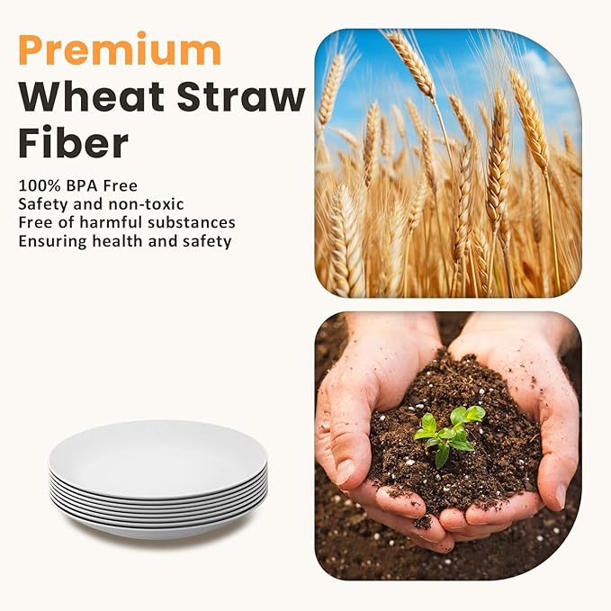 Homienly Wheat Straw Plates, Flat Dinner Plates, Unbreakable Plate for Kitchen, Camping, Outdoor, Microwave and Dishwasher Safe Plates Set, 9 inch, Set of 8 - White