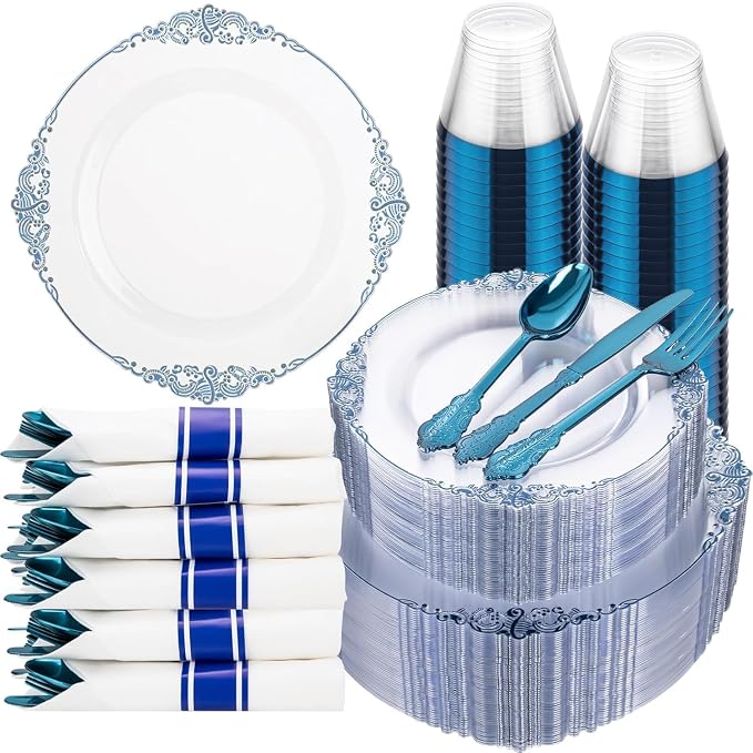 350pcs Clear Blue Plastic Plates by Hioasis