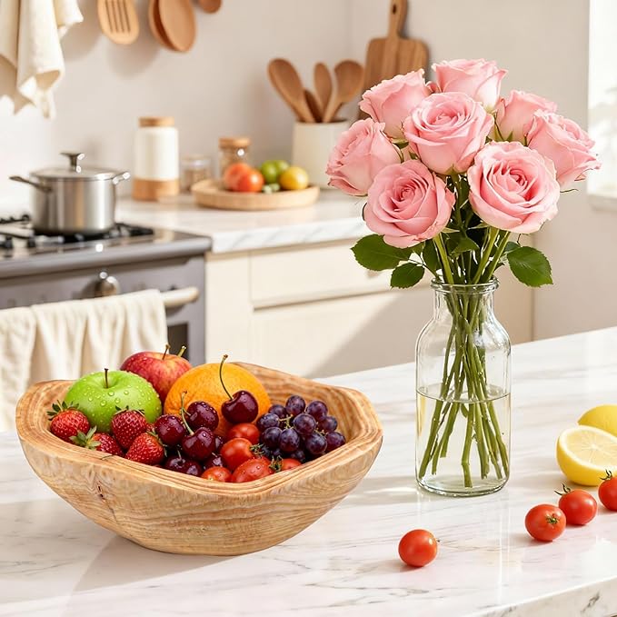 Handmade Wood Fruit Bowl for Kitchen Counter - 10-12in Irregular Wooden Decorative Bowl,Wooden Serving Bowl for Salads Snacks Keys Home Decor (10-12in/25-29cm)
