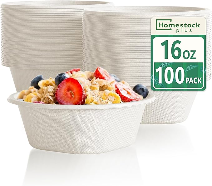 Homestockplus 16 Oz Small Paper Bowls Disposable Bowl - Sugarcane Fiber, Microwave & Freezer Safe, BPA-Free Eco-Friendly Compostable Bowls for Ice Cream, Kids Snacks, Cafe Desserts[100 Pack] (White)