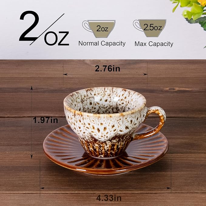 2 oz Espresso Cups and Saucers Set of 2, Ceramic Tea Cup - Image 2