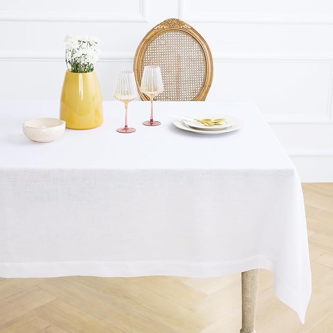 Solino Home White Linen Tablecloth 54 x 72 Inch - 100% Pure Linen Table Cloth for Rectangle Tables - Fete, Machine Washable Tablecloth for Winter, Valentines, Spring, Easter