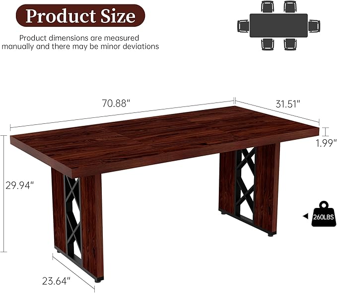 70.8" Farmhouse Dining Table for 6 People, Large Rectangle Kitchen Table with Heavy Duty Legs, Industrial Dining Room Furniture for Dinner, Walnut