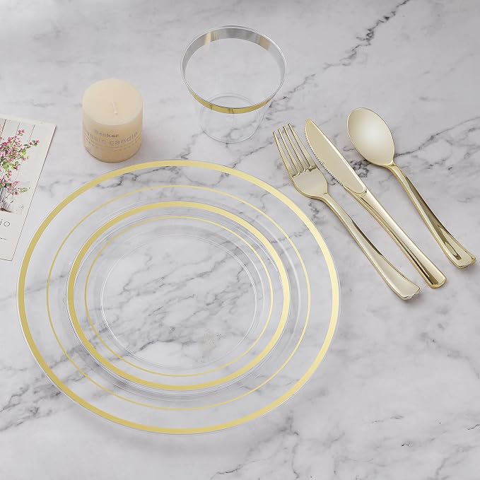 BESTVIP 50Pcs Clear Gold Plastic Plates, 10.25 Inch Disposable Plates | Heavy - Image 5
