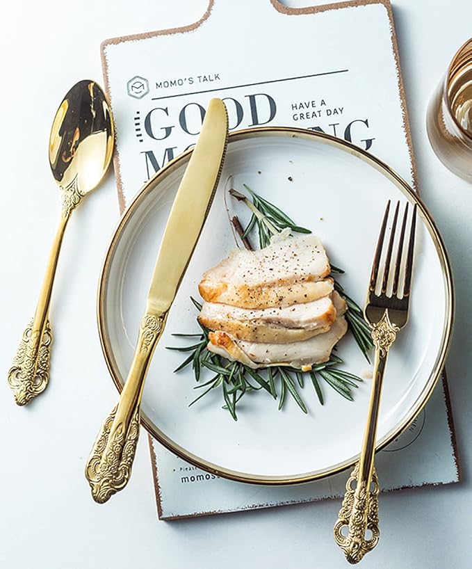 Gold Silverware Set for 12 Premium 18/10 Stainless Steel Flatware Set Palace Style 60 Piece Cutlery Tableware Utensils Embossed Decorative Handle Knives Forks and Spoons for Home Christmas Wedding