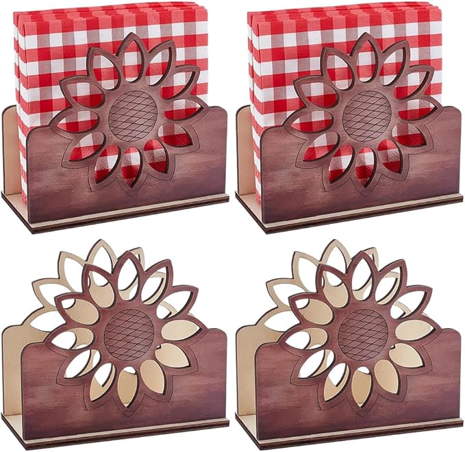 4 Sets Sunflower Napkin Holder, 5.51 x 2.56 x 4.72 Inch Wooden Cocktail Napkin Stand Wood Farmhouse Table Decor Rustic Kitchen Countertop Napkins for Kitchen Counter Dining Room