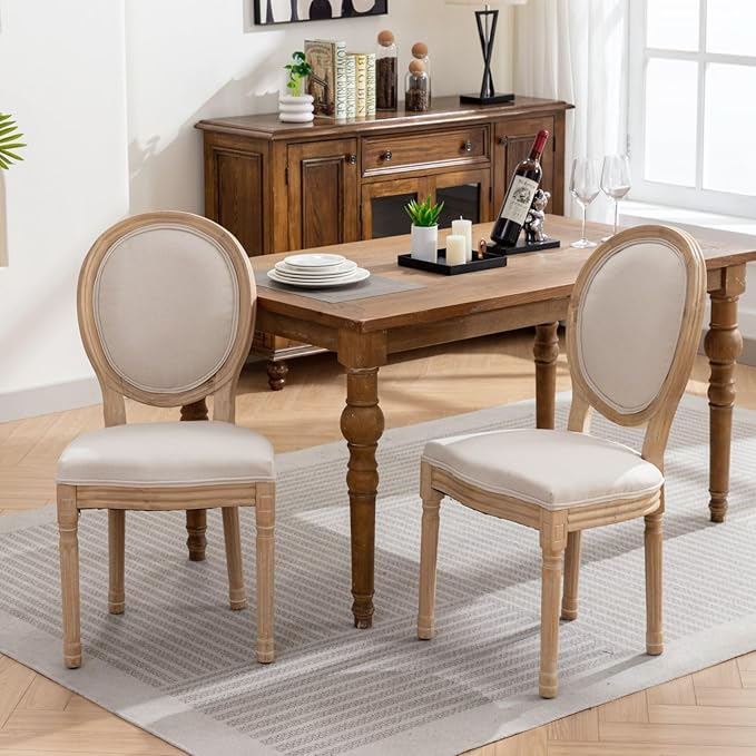 Vintage French Dining Chairs Set of 2, Round Back Accent Chairs with Linen Seat and Solid Wood Frame, Farmhouse Sillas de Comedor Upholstered for Dining Room & Kitchen, Beige